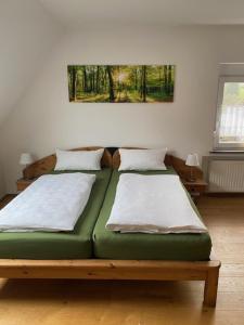 two beds in a room with a green couch at Artgerecht Naturverliebt in Bad Berleburg