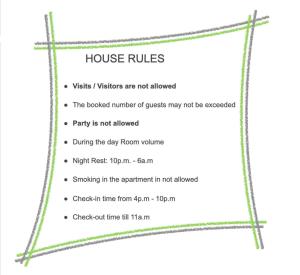 página de una hoja de reglas de la casa con un rectángulo en RAJ Living - 1 or 3 Room Apartments - 30 Min Messe DUS, en Duisburg