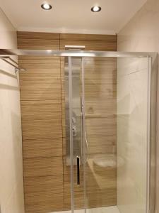 a shower with a glass door in a bathroom at Newly renovated apartment next to the port in Mantoúkion