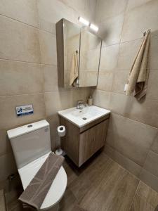 a bathroom with a toilet and a sink and a mirror at Grandma's House in Meganisi