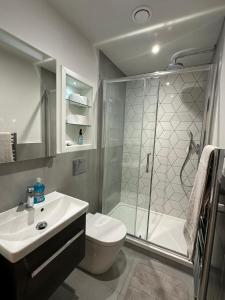 a bathroom with a shower and a toilet and a sink at Luxury Capella Court in London