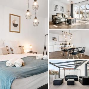 a collage of photos of a bedroom and a living room at I Zentral I Modern I Terrasse I in Rüsselsheim