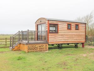 a tiny house on a trailer in a field at Tal Sarn Shepherd Hut in Llanfairpwllgwyngyll