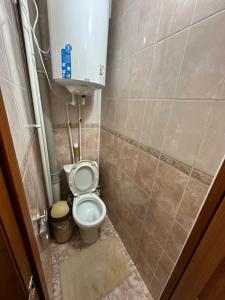 małą łazienkę z toaletą i umywalką w obiekcie Квартира по Республике 16/2 w mieście Karaganda