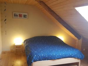 a bedroom with a blue bed in a attic at Susque8 in Izel