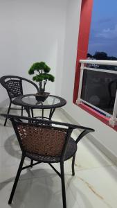 ein Tisch und ein Stuhl mit einem Bonsai-Baum darauf in der Unterkunft Rijos tower 3 in Santo Domingo