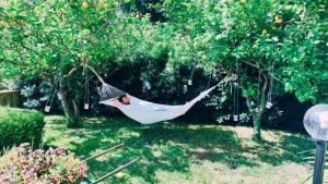 une femme dormant dans un hamac dans un jardin dans l'établissement Oasi love & relax, à Maratea