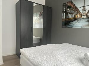 1 dormitorio con cama y espejo grande en Staywell for 4 in the City I Parking I WiFi I Netflix, en Paderborn