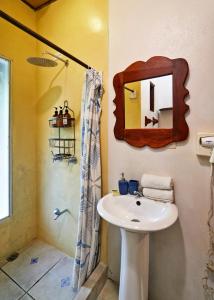 a bathroom with a sink and a shower and a mirror at Casas Mal Pais in Mal País