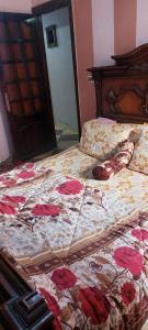 a bed with red roses on it in a bedroom at خان العطلات in King Mariout