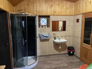 ein Bad mit einer Dusche und einem Waschbecken in der Unterkunft Residenz Pal in Kokava na Rimavica