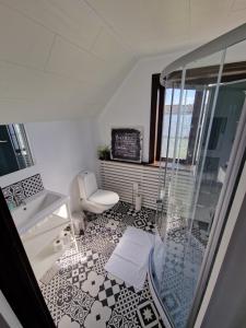 a bathroom with a shower and a sink and a toilet at Annas Ställe B&B in Byxelkrok