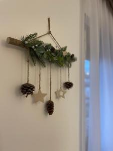 une décoration de Noël avec des cônes de pin et des étoiles sur un mur dans l'établissement Zgonjanin Wellness&Spa, à Zlatibor