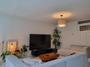 a living room with a blue couch and a tv at Private 3 bedroom apartment - HomeStay Properties Amsterdam in Amsterdam