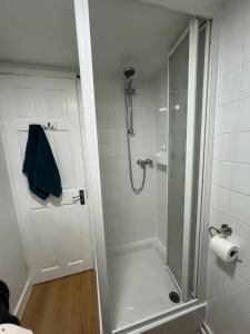uma casa de banho com um chuveiro e uma porta de vidro em All Seasons Chalet Breaks em Leysdown-on-Sea