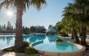 uma grande piscina com palmeiras e um gazebo em Mobil-home de la méditerranée em Vias