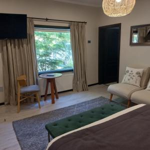 a living room with a couch and a large window at Hotel y Cabañas El Parque in Villarrica