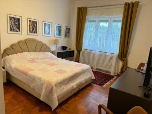 a bedroom with a bed and a window and a desk at VILLA TARA in Quercianella