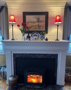 a fireplace with two lamps on top of it at Antique1242 British Bed & Breakfast in Enfield