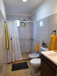 ein Bad mit einer Dusche, einem WC und einem Waschbecken in der Unterkunft La Rosa dei Venti in Río Colorado