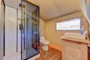 a bathroom with a toilet and a shower and a sink at 12 Fires Luxury Glamping with AC #1 in Johnson City