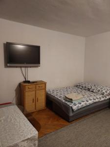 a bedroom with a bed and a flat screen tv at Однокімнатна квартира Варшава in Warsaw