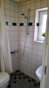 La salle de bains est pourvue d'une douche, de toilettes et d'une fenêtre. dans l'établissement Overnatning Filskov Omme Landevej 10, à Grindsted