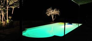 a swimming pool at night with a tree in the background at La Villa Bellevue Anduze in Anduze