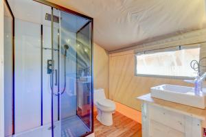 a bathroom with a shower and a toilet and a sink at 12 Fires Luxury Glamping with AC #2 in Johnson City