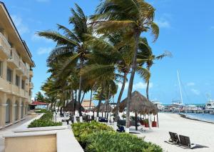 een strand met parasols, stoelen en palmbomen bij All Ritmo Cancun Resort & Water Park in Cancun