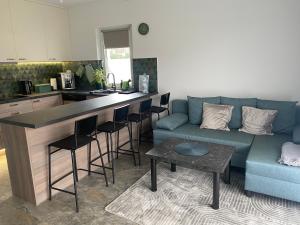 sala de estar con sofá azul y cocina en Apartament JSC Łańcut, en Łańcut