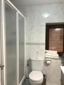 a white bathroom with a toilet and a shower at La Paserina in Arenas de Cabrales