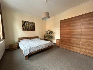 um quarto com uma cama e um grande armário de madeira em Ferienwohnung zentral gelegen em Sonneberg