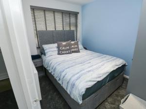 a blue bedroom with a bed with a pillow on it at Sunny View in Dawlish
