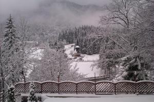 a snow covered yard with a fence and trees at Royal Boutique Hotel Poiana Brasov in Poiana Brasov