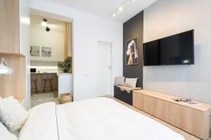 a bedroom with a large bed and a flat screen tv at Pitar Mos - Downtown Bucharest in Bucharest