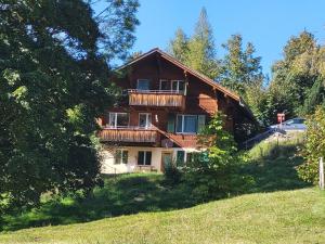 ein Haus auf einem Hügel mit Bäumen davor in der Unterkunft Apartment Wildbach in Lenk im Simmental