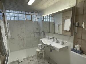 a bathroom with a sink and a shower and a mirror at Holiday Home Seestern direkt am See by Interhome in Ennetbürgen