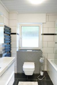 a bathroom with a toilet and a window and a sink at Meinerzhagen - Schöne Unterkunft mit Kamin in Meinerzhagen