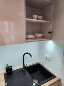 a kitchen counter with a sink and a shelf at Premium Spire Apartment +parking in Warsaw