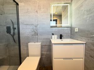a bathroom with a toilet and a sink and a mirror at Apartamentos Identia Sport by gaiarooms in León +198 photos