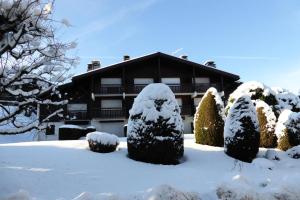 einen schneebedeckten Hof mit einem Haus im Hintergrund in der Unterkunft Résidence Les Granges D'ormaret - 2 Pièces pour 6 Personnes 18 in Combloux