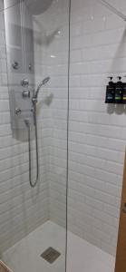 baño con ducha y puerta de cristal en Apartamento con jardin, en La Línea de la Concepción