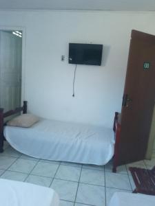 1 dormitorio con 1 cama y TV en la pared en Egbirin Pousada en Ilhéus