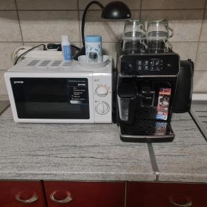 a microwave and a coffee maker on a kitchen counter at MM Apartman in Popovec Šašinovečki