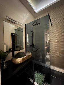 a bathroom with a sink and a glass shower at Gold Downtown Apartman in Debrecen