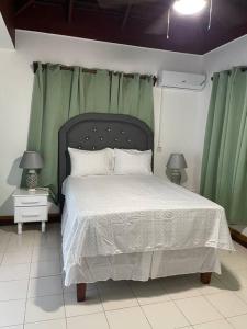 a bedroom with a large bed with green curtains at Peaceful Home With Private Pool! in Montego Bay