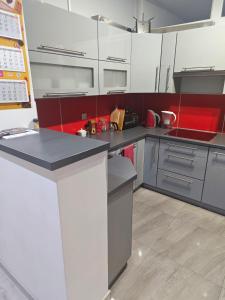 kuchnia z czerwono-białymi szafkami i blatami w obiekcie Mieszkanie Tarnowo Podgórne w mieście Tarnowo Podgórne