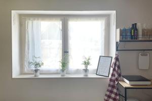 ein Fenster mit Topfpflanzen auf einem Fensterbrett in der Unterkunft Charmante maisonnette 