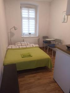 カトヴィツェにあるStudio Wiola Mały Udałyのベッドルーム1室(緑の毛布付きのベッド1台付)